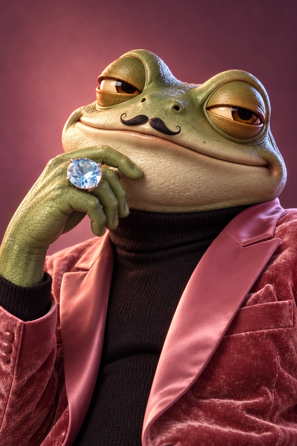 A close-up of Don Pond showing his pink velvet jacket, tiny moustache and oversized diamond ring.