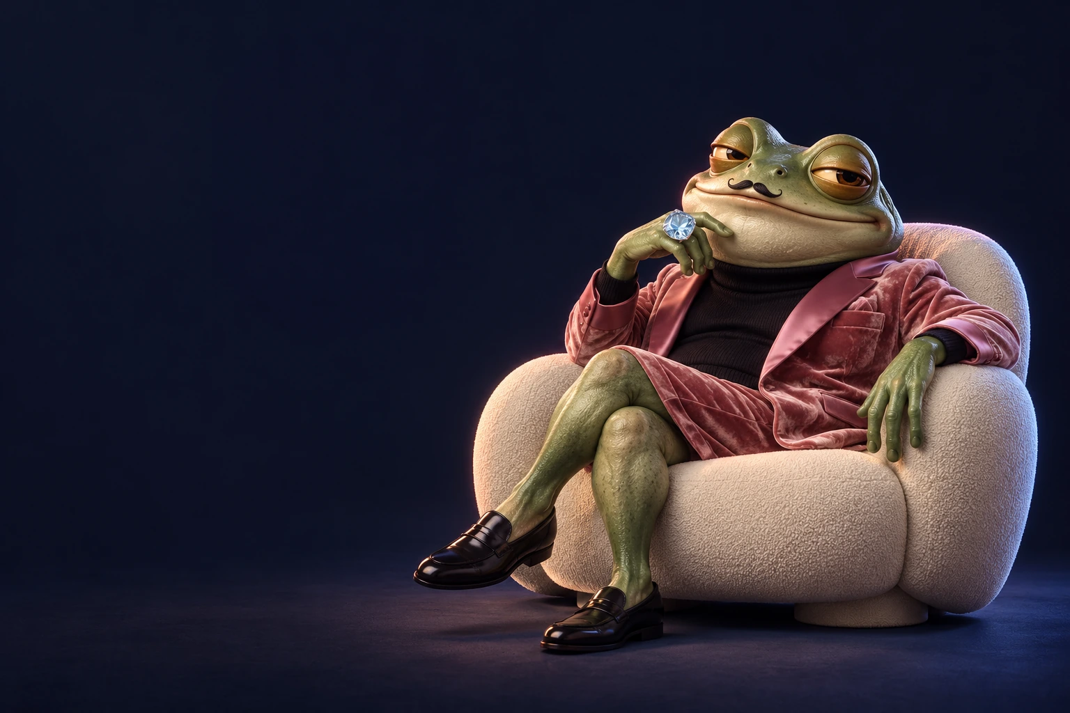 Don Pond, a smug green frog with a tiny moustache, lounges in a cream chair wearing pink velvet and an enormous diamond ring.